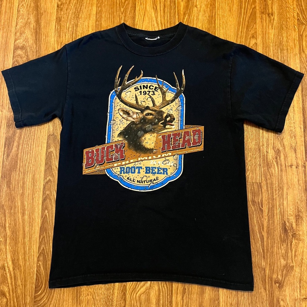 Vintage Buck Head Shirt Men M Black Root Beer Graphic Short Sleeve Soda Promo
